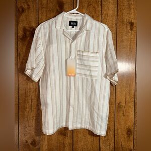 Malibu Men's Beige and White Striped Short-Sleeve Button-Down Shirt